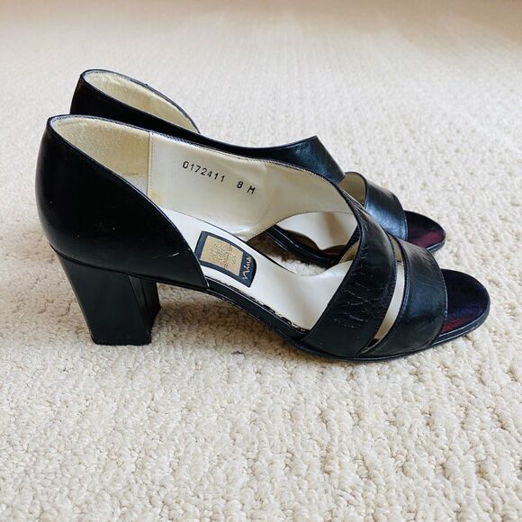 Vintage Nina Black Leather Slip On Shoes Unique D'Orsay Mid Heel Dressy Y2K 90's - Picture 11 of 11